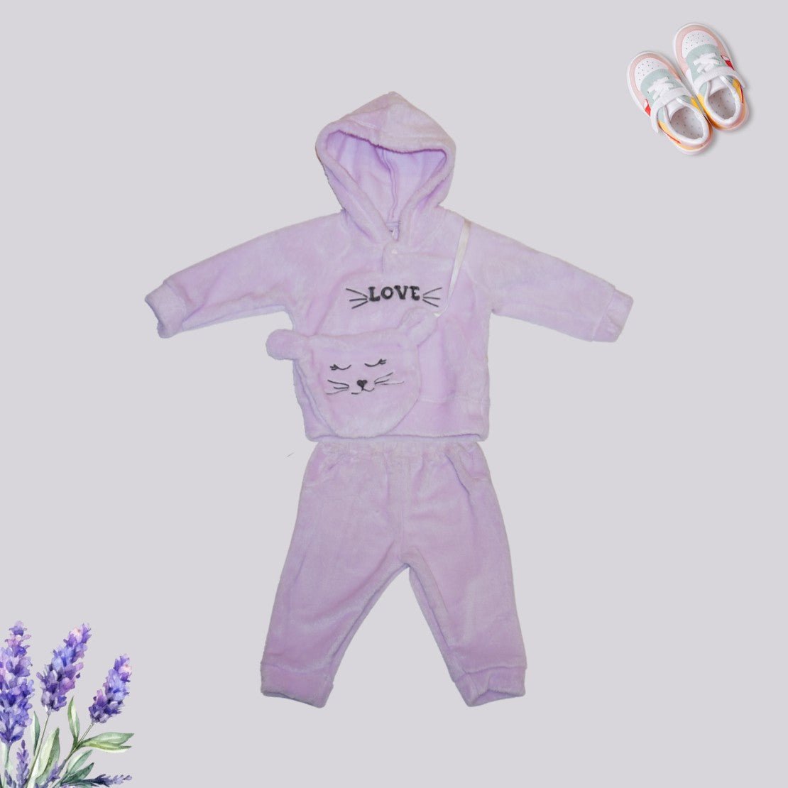 Text Printed Hoodie with Joggers Set - Purple