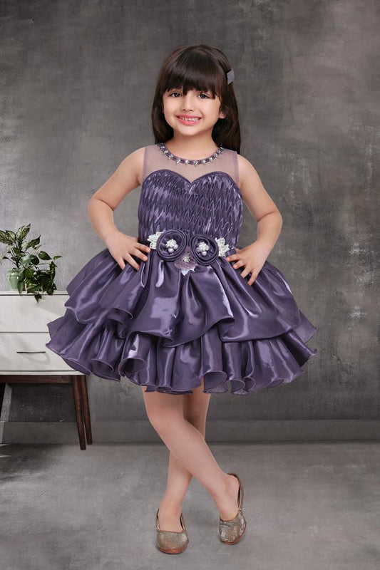 Girls Purple Floral Applique Sleeveless Party Dress