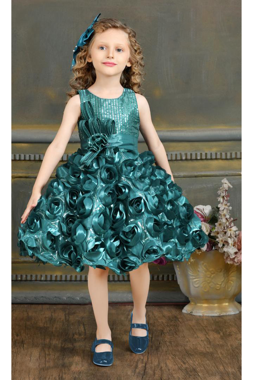 Girls Rama Green Sleeveless Floral Applique Party Dress