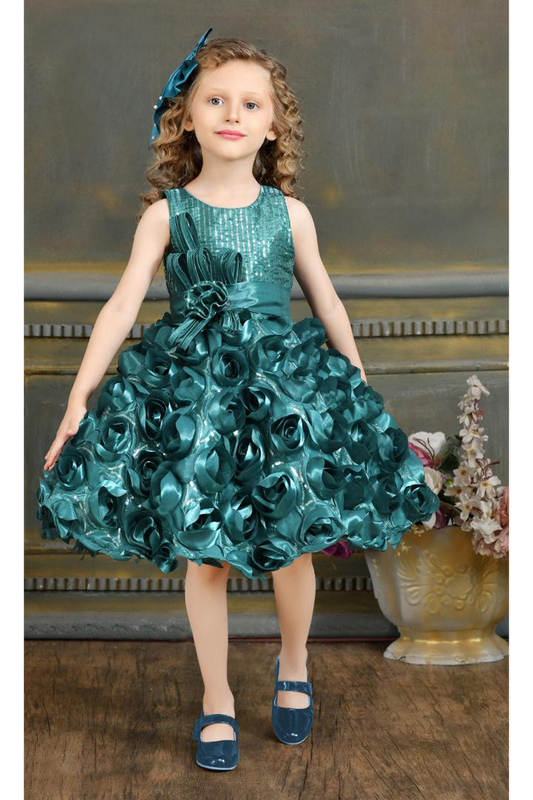 Girls Rama Green Sleeveless Floral Applique Party Dress