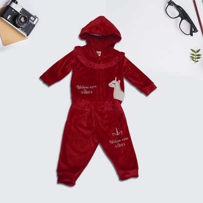 Ruffled Collar Hoodie and Joggers Set - Red and Black