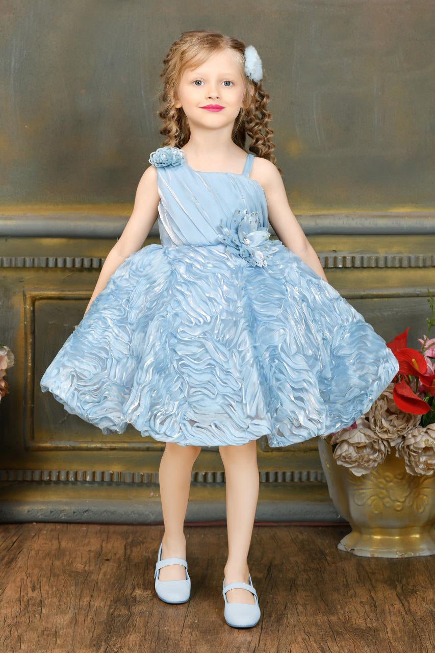 Girls Blue Flower Applique Sleeveless Party Dress