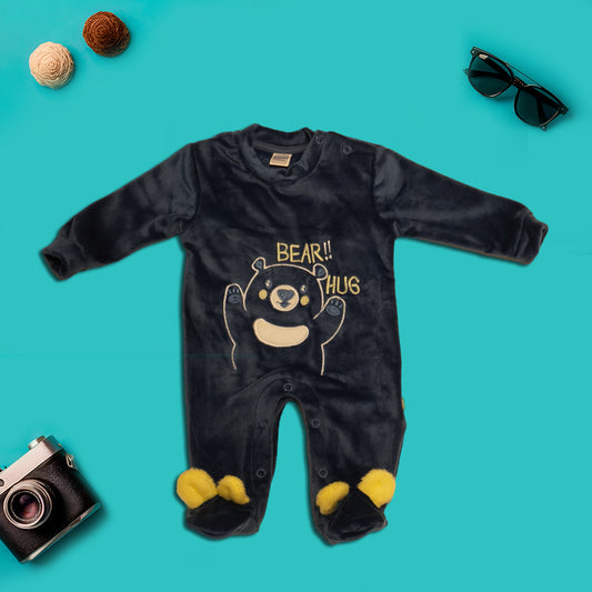 Kids Teddy Bear Printed Black Sleepsuit