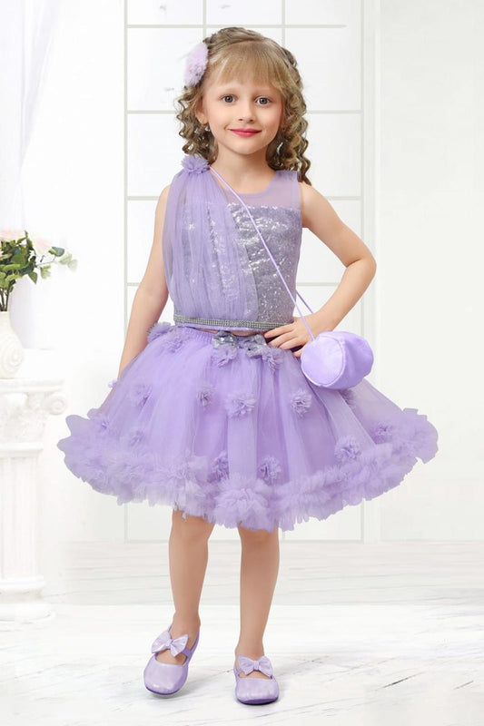 Girls Purple Ruffle Embellished Sleeveless Party Dress