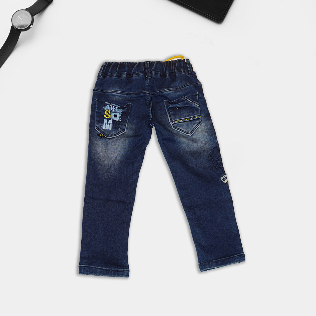 Boys Blue Printed and Applique Jeans