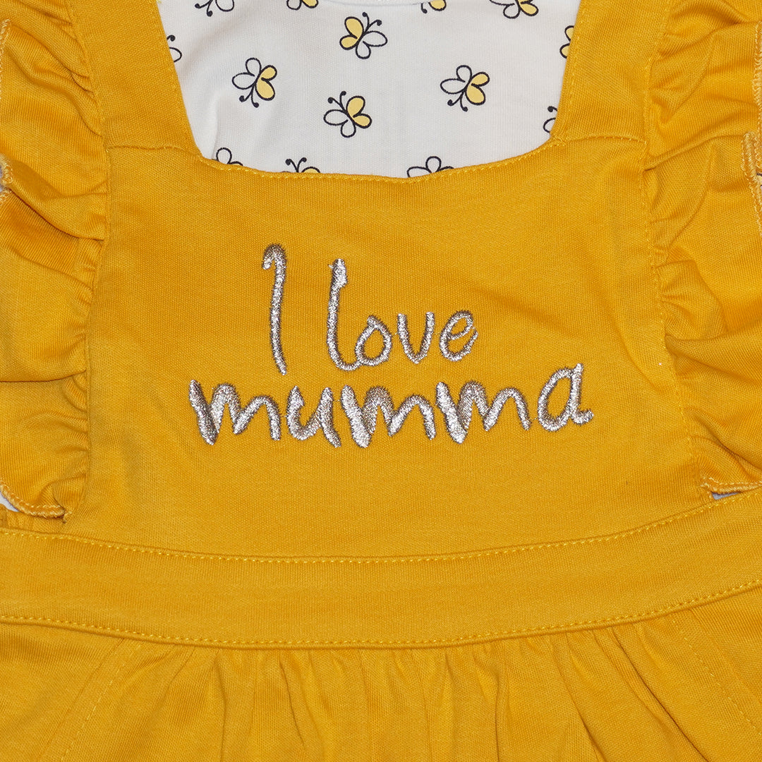 Allover Printed Tees and Dungaree Set - Pink and Mustard