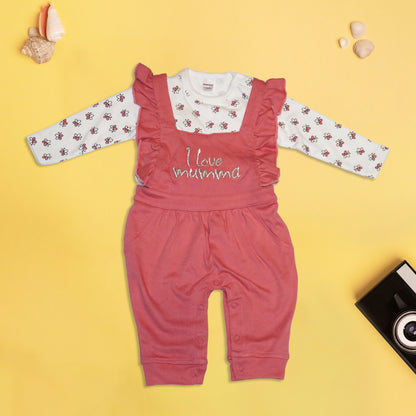 Allover Printed Tees and Dungaree Set - Pink and Mustard