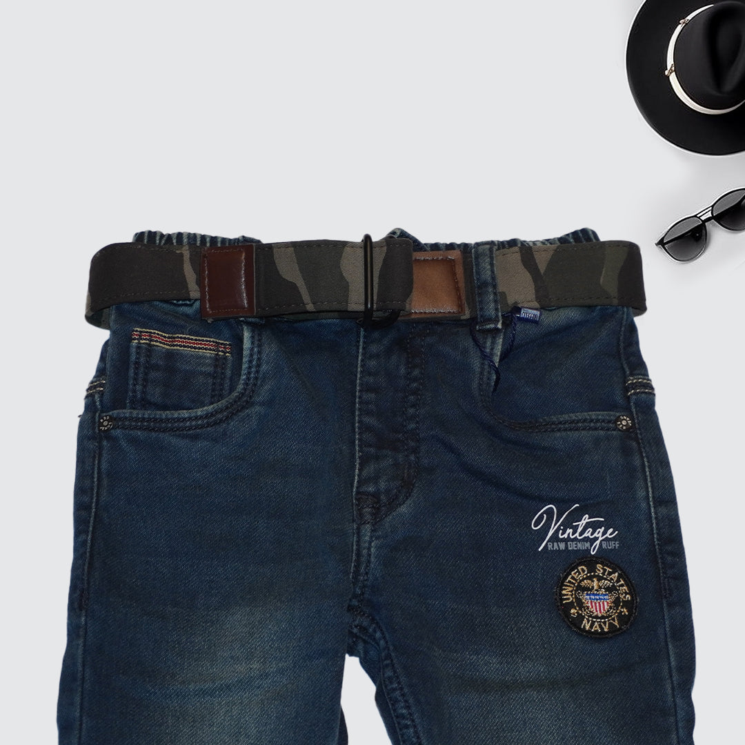 Blue Solid Jeans with Belt for Kids