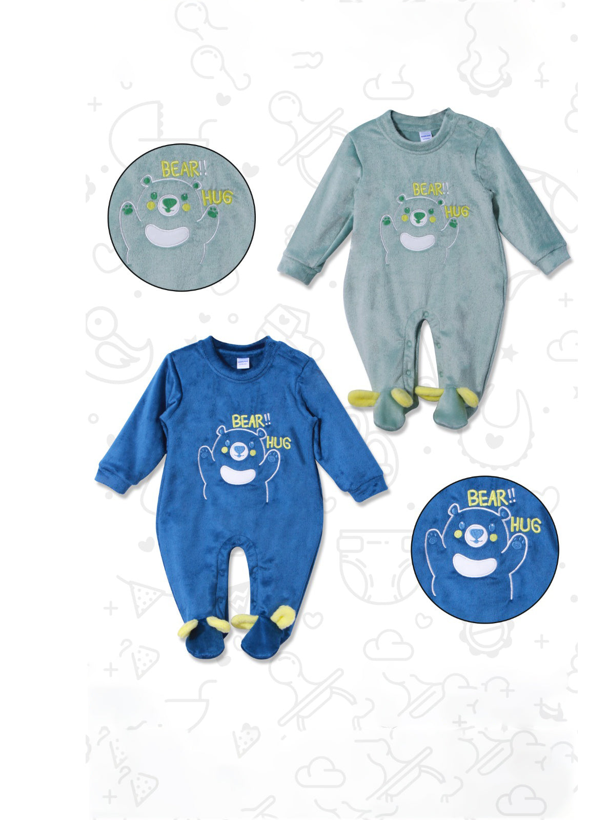 Full Sleeves Printed Sleepsuits - Grey and Blue