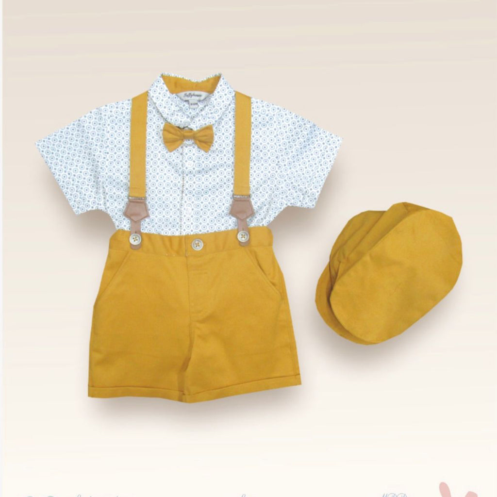 Kids Yellow Dungri Set with Cap and Bow